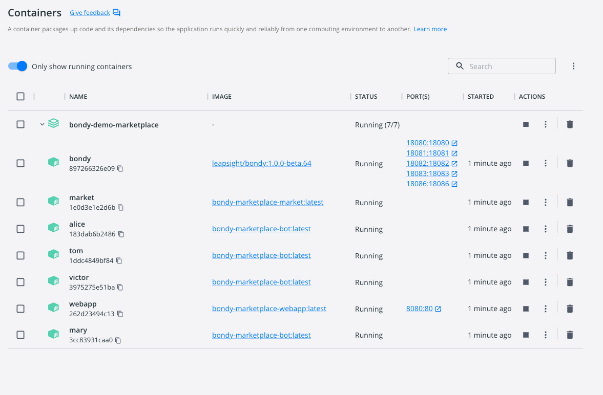 Docker Dashboard showing all containers